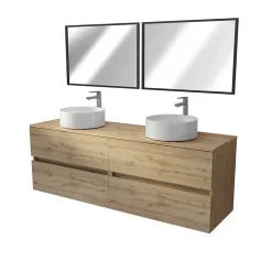 Meuble Salle de Bains 160 TIMBER Décor Chêne 4 Tiroirs Plan Vasques à Poser Blanches 2 Miroirs 75x55