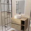 Meuble salle de bains 80 TIMBER Décor Chêne Tiroirs + Module - Vasque Blanche - Miroir 60x80 LED