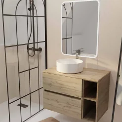 Meuble salle de bains 80 TIMBER Décor Chêne Tiroirs + Module - Vasque Blanche - Miroir 60x80 LED