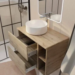 Meuble salle de bains 80 TIMBER Décor Chêne Tiroirs + Module - Vasque Blanche - Miroir 60x80 LED