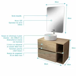 Meuble salle de bains 80 TIMBER Décor Chêne Tiroirs + Module - Vasque Blanche - Miroir 60x80 LED