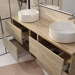 Meuble Salle de Bains 140 TIMBER Décor Chêne 4 Tiroirs et Module Vasques Blanches Miroir LED 120x70