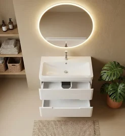 Meuble Salle de Bains avec vasque/lavabo FIDJI 80 suspendu laqué Blanc brillant avec plan en résine