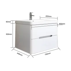 Meuble Salle de Bains avec vasque/lavabo FIDJI 80 suspendu laqué Blanc brillant avec plan en résine