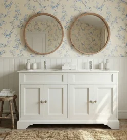 Meuble Salle de Bains avec vasque/lavabo DOLIANA 120 à poser laqué Blanc mat 4 portes avec plan céramique