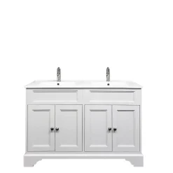 Meuble Salle de Bains avec vasque/lavabo DOLIANA 120 à poser laqué Blanc mat 4 portes avec plan céramique