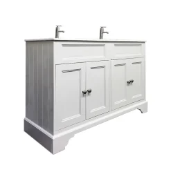 Meuble Salle de Bains avec vasque/lavabo DOLIANA 120 à poser laqué Blanc mat 4 portes avec plan céramique