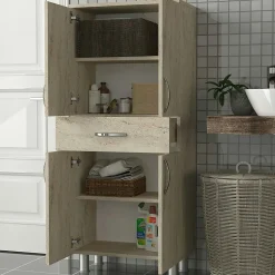 Meuble salle de bains effet travertin, 4 portes 1 tiroir JENA