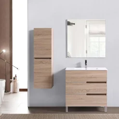 Meuble Salle de Bains JUPITER 80 3 tiroir avec miroir simple et plan céramique, finition effet chene naturel