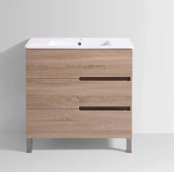 Meuble Salle de Bains JUPITER 80 3 tiroir avec miroir simple et plan céramique, finition effet chene naturel