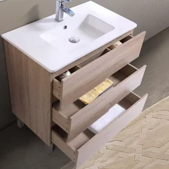 Meuble Salle de Bains JUPITER 80 3 tiroir avec miroir simple et plan céramique, finition effet chene naturel