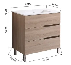 Meuble Salle de Bains JUPITER 80 3 tiroir avec miroir simple et plan céramique, finition effet chene naturel
