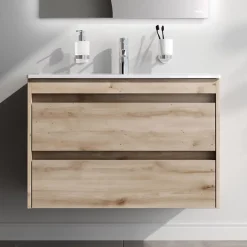 Meuble salle de bains suspendu 80 cm effet bois clair avec lavabo intégré, 2 tiroirs, design, chêne clair texturé AM.PM