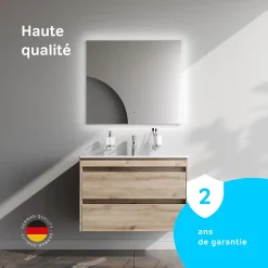Meuble salle de bains suspendu 80 cm effet bois clair avec lavabo intégré, 2 tiroirs, design, chêne clair texturé AM.PM