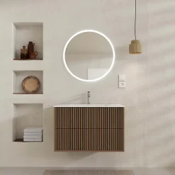 Meuble Salle de Bains YUKI 60 - 2 Tiroirs Décor Chêne et Noir - Vasque Blanche - Miroir LED 60