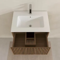Meuble Salle de Bains YUKI 60 - 2 Tiroirs Décor Chêne et Noir - Vasque Blanche - Miroir LED 60