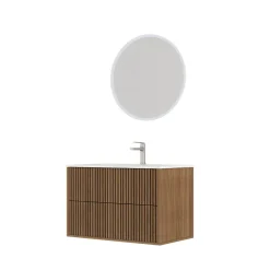Meuble Salle de Bains YUKI 60 - 2 Tiroirs Décor Chêne et Noir - Vasque Blanche - Miroir LED 60