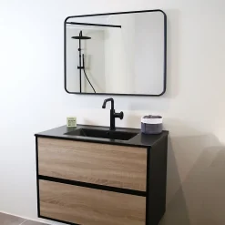 Meuble simple vasque effet chêne et noir mat Essebagno Indus