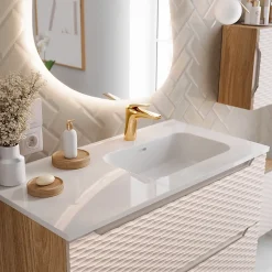 Meuble simple vasque encastree droite 120cm 2 tiroirs Elora Beige et bois