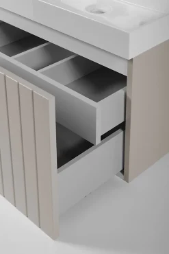 Meuble sous double vasque suspendu HARMO 120 cm Façade rainuré cachemire semi-mat