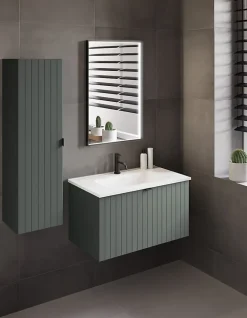 Meuble sous double vasque suspendu HARMO 160 cm Façade rainuré vert semi-mat