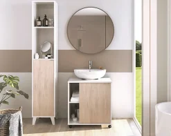 Meuble sous lavabo 1 porte coloris Blanc brillant / effet bois - Hauteur 64 x Longueur 59 x Profondeur 45 cm
