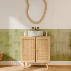 Meuble sous lavabo décor bois et cannage Bohème 65 x 40 x 70 cm naturel
