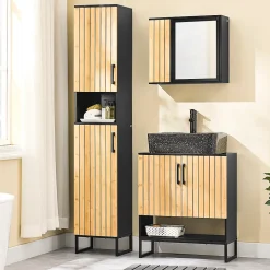 Meuble sous Lavabo Salle de Bain 60 cm en Bambou et Métal pour Espace Réduit, BZR202-SCH