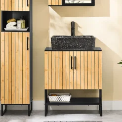 Meuble sous Lavabo Salle de Bain 60 cm en Bambou et Métal pour Espace Réduit, BZR202-SCH