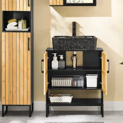 Meuble sous Lavabo Salle de Bain 60 cm en Bambou et Métal pour Espace Réduit, BZR202-SCH