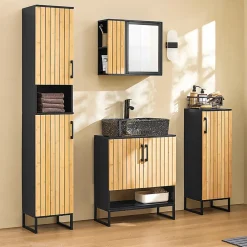 Meuble sous Lavabo Salle de Bain 60 cm en Bambou et Métal pour Espace Réduit, BZR202-SCH