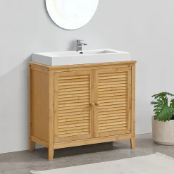 Meuble sous lavabo Värmdö avec 2 portes en bambou 60 x 67 x 30 cm en.casa