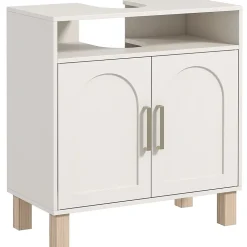 Meuble sous vasque - 2 portes, étagère, niche - MDF crème