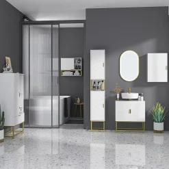 Meuble sous vasque - 2 portes - dim. 60L x 30l x 65H cm - acier doré MDF blanc