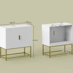Meuble sous vasque - 2 portes - dim. 60L x 30l x 65H cm - acier doré MDF blanc