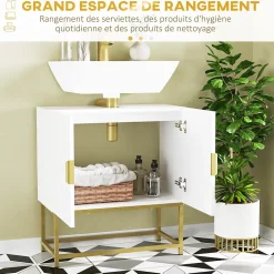 Meuble sous vasque - 2 portes - dim. 60L x 30l x 65H cm - acier doré MDF blanc