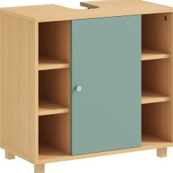 Meuble sous vasque 6 niches porte étagère dim. 60 x 33 x 57 cm effet bois clair vert d'eau