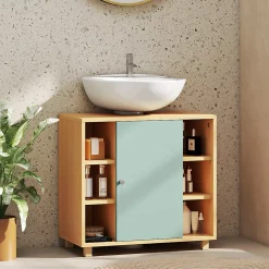 Meuble sous vasque 6 niches porte étagère dim. 60 x 33 x 57 cm effet bois clair vert d'eau