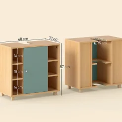 Meuble sous vasque 6 niches porte étagère dim. 60 x 33 x 57 cm effet bois clair vert d'eau