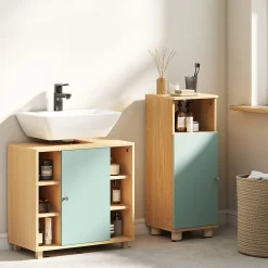 Meuble sous vasque 6 niches porte étagère dim. 60 x 33 x 57 cm effet bois clair vert d'eau