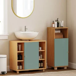 Meuble sous vasque 6 niches porte étagère dim. 60 x 33 x 57 cm effet bois clair vert d'eau
