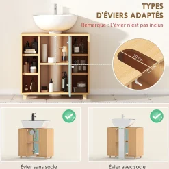 Meuble sous vasque 6 niches porte étagère dim. 60 x 33 x 57 cm effet bois clair vert d'eau
