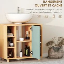 Meuble sous vasque 6 niches porte étagère dim. 60 x 33 x 57 cm effet bois clair vert d'eau