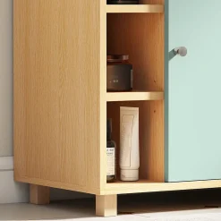 Meuble sous vasque 6 niches porte étagère dim. 60 x 33 x 57 cm effet bois clair vert d'eau