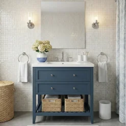 Meuble sous vasque à poser 2 tiroirs 1 niche bleu mat l.80 cm + plan de toilette, GoodHome Perma
