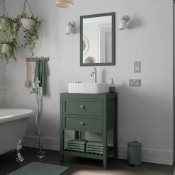 Meuble sous vasque à poser 2 tiroirs 1 niche vert mat l.60 x H.80,6 x P.45 cm, GoodHome Perma
