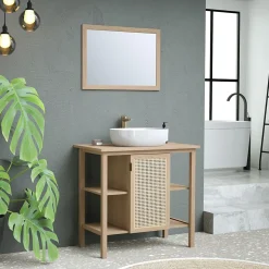 Meuble sous vasque à poser avec plan de toilette l.84 x H.80 x P.50 cm, 1 porte, placage chêne et cannage, Thiam