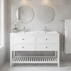 Meuble sous vasque à poser 4 tiroirs 1 niche blanc mat l.120 cm Perma + plan double vasque Lana, GoodHome