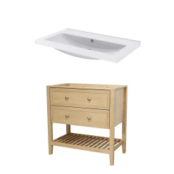 Meuble sous vasque à poser 2 tiroirs 1 niche placage chêne l.80 cm Perma + plan vasque blanc Nira, GoodHome