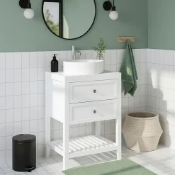 Meuble sous vasque à poser 2 tiroirs 1 niche blanc mat l.60 cm + plan de toilette, GoodHome Perma